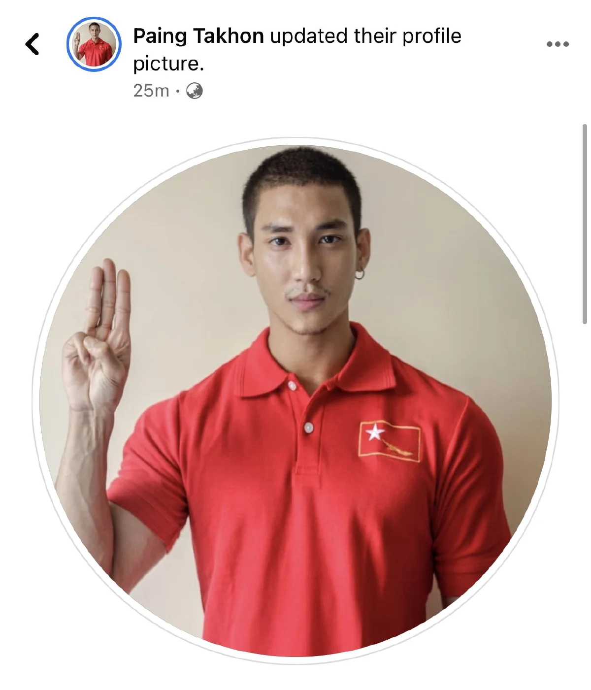ไป๊ ทาคน นายแบบดังชาวเมียนมา โพสต์ภาพชูสามนิ้วร่วมต่อต้านเผด็จการ