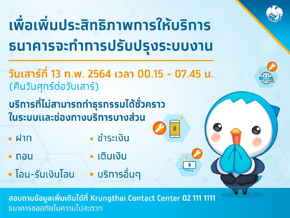 กรุงไทยปิดระบบเพิ่มประสิทธิภาพการให้บริการ กรุงไทยปิดระบบเพิ่มประสิทธิภาพการให้บริการ