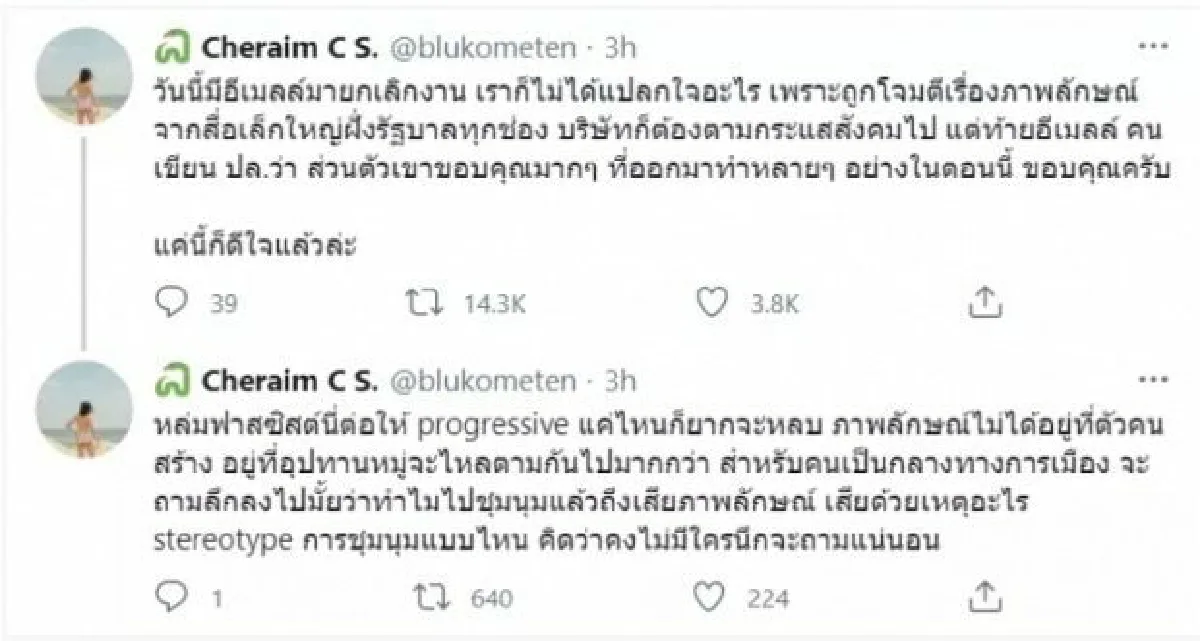 "เฌอเอม"เผยถูกยกเลิกงาน เหตุถูกสื่อฝ่ายรัฐบาลโจมตี