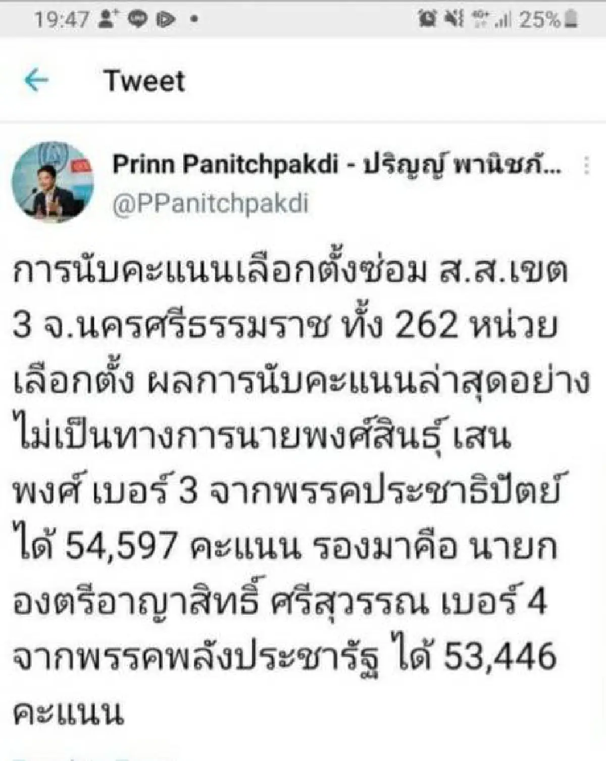 รองหน.ปชป.ประกาศผู้สมัครของพรรคชนะเลือกตั้งซ่อมส.ส.นครศรีฯ