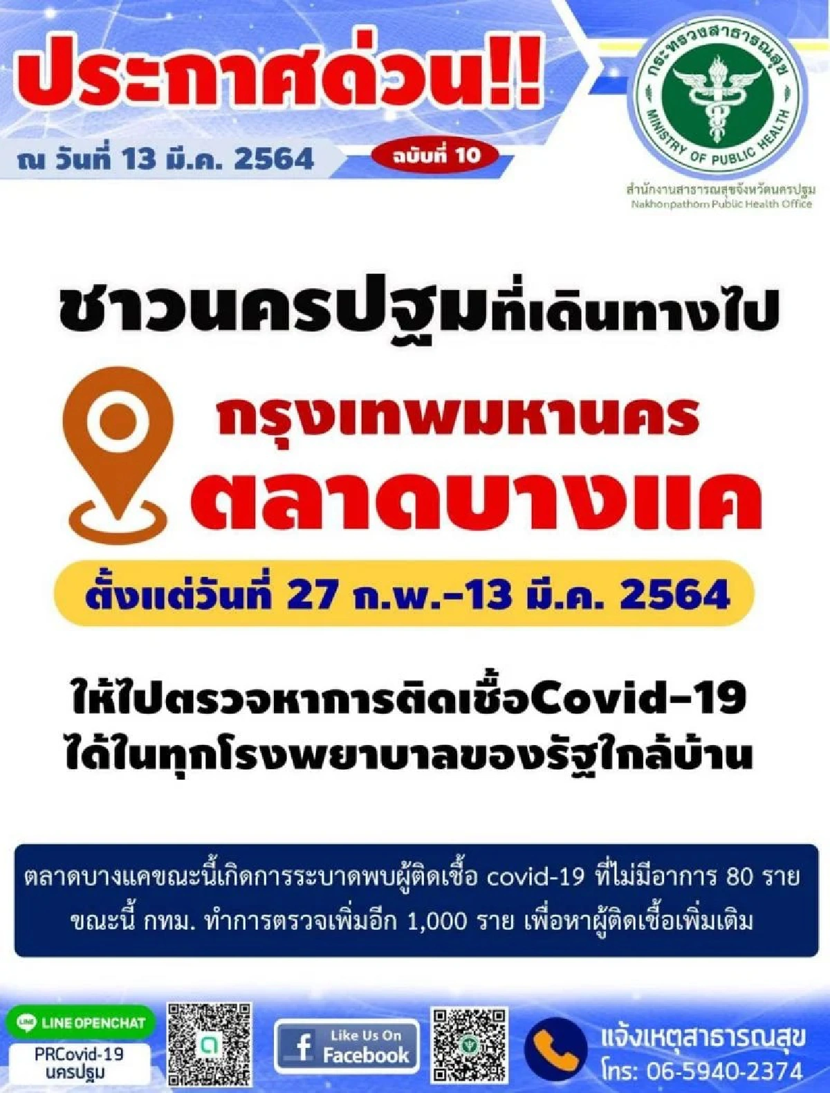 ตรวจเชื้อด่วน!นครปฐมพบผู้ติดโควิด3รายจากตลาดบางแค