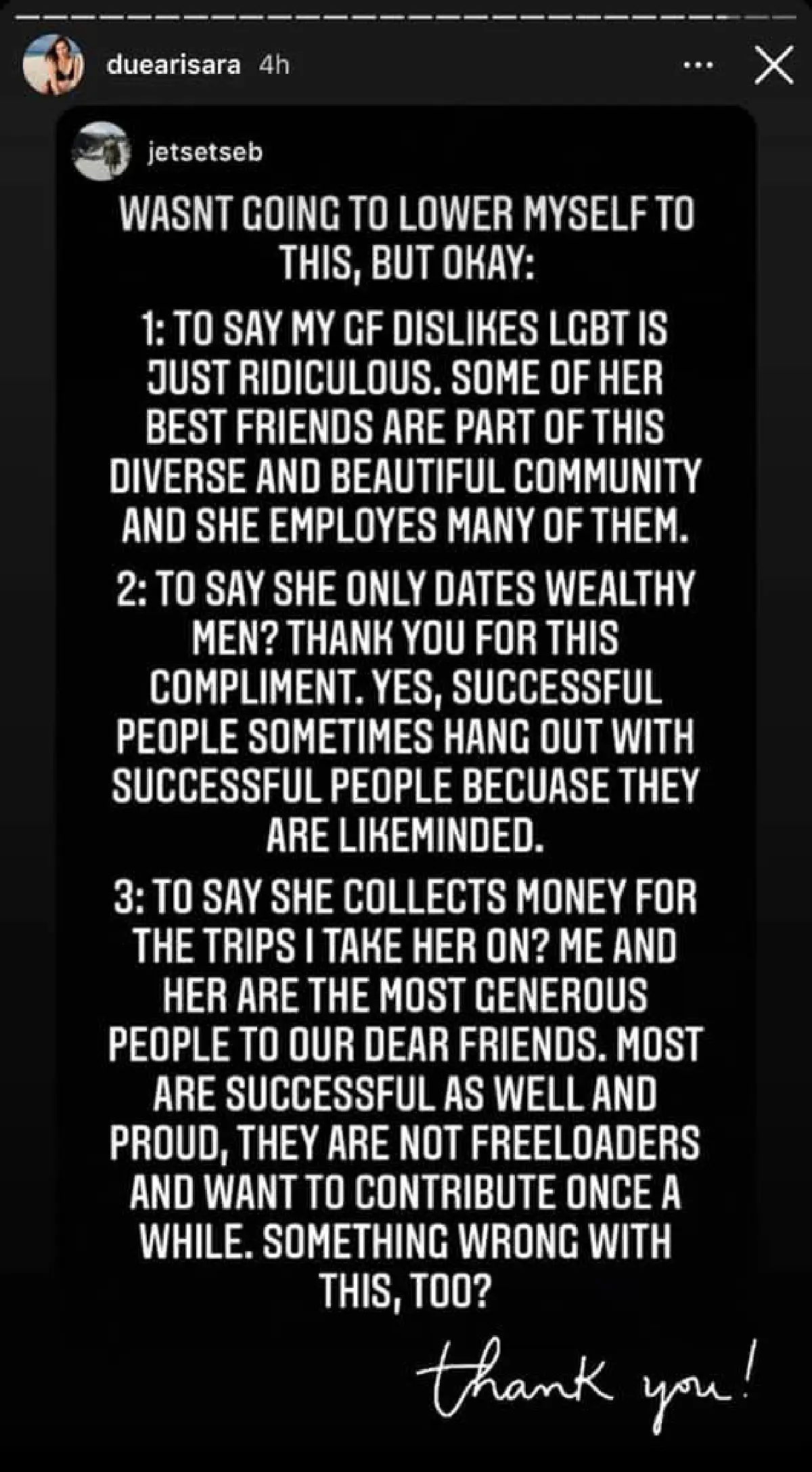 “เซบาสเตียน” แฟน “ดิว อริสรา” แจงเป็นข้อๆ ฟาดกลับ “เบล” ไร้คำหยาบ แต่แรง 