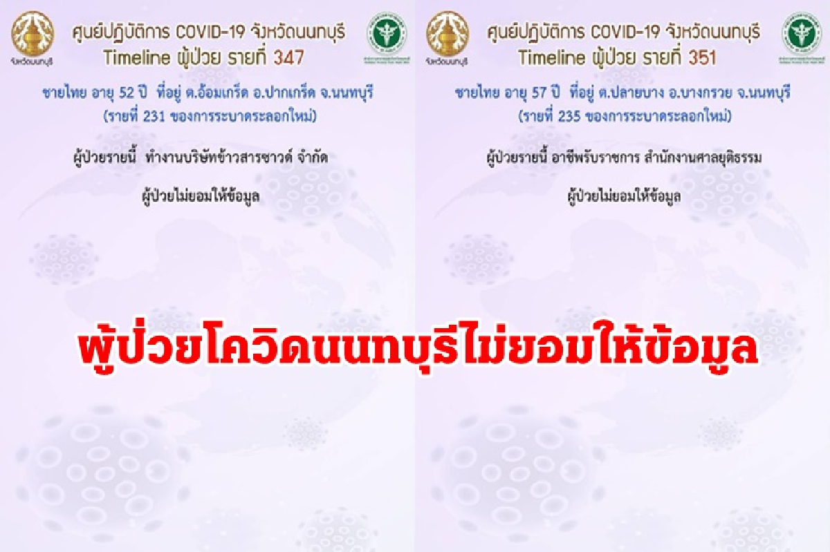 "นนทบุรี" แจ้ง ผู้ป่วยโควิด 2 ราย ไม่ยอมเปิดไทม์ไลน์ "นนทบุรี" แจ้ง ผู้ป่วยโควิด 2 ราย ไม่ยอมเปิดไทม์ไลน์