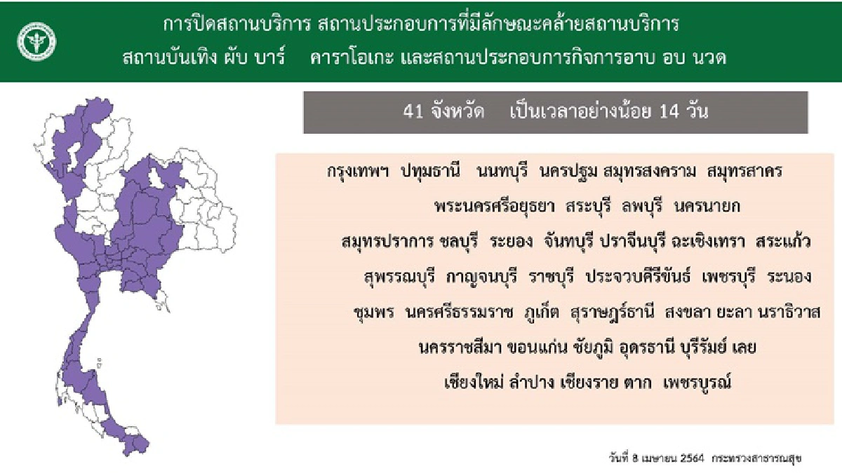 ดีเดย์ 10 เม.ย.! ศบค.ออกประกาศปิดสถานบันเทิง 41 จังหวัด 14 วัน