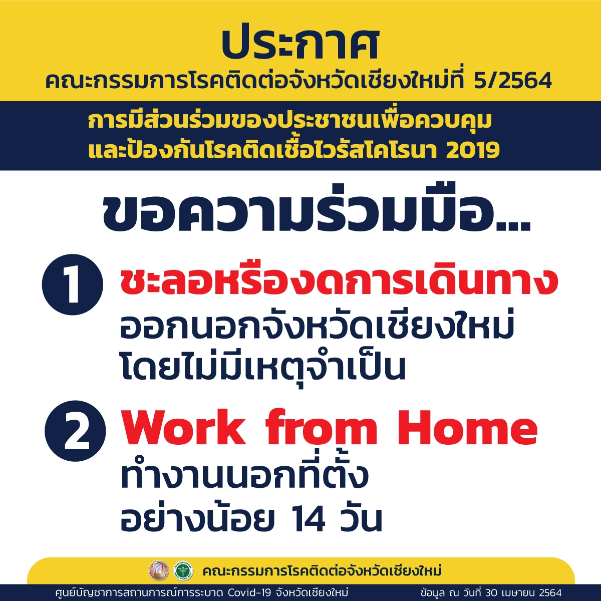 เชียงใหม่รับลูกศบค.ออกคำสั่งเข้มคุมโควิด-19สกัดแพร่ระบาด