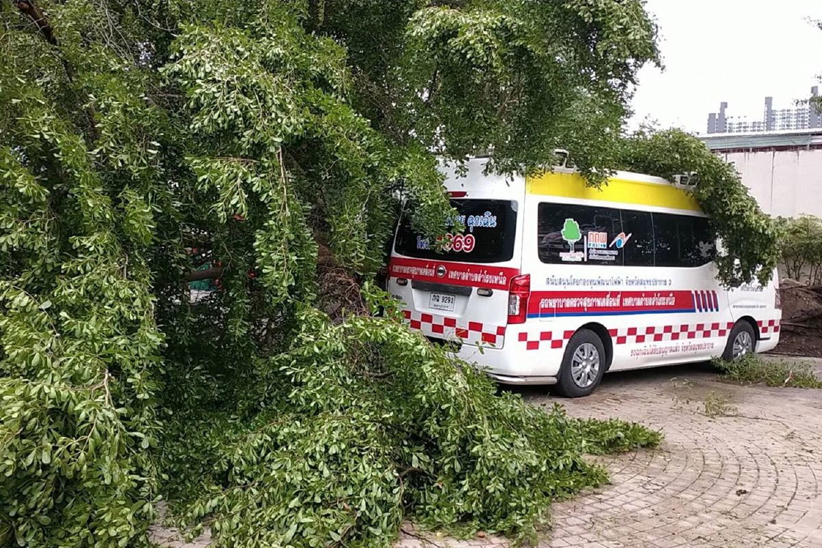 พายุกระหน่ำเมืองปากน้ำหลังเสาไฟฟ้าหักโค่นต้นไม้ล้มทับรถชาวบ้าน