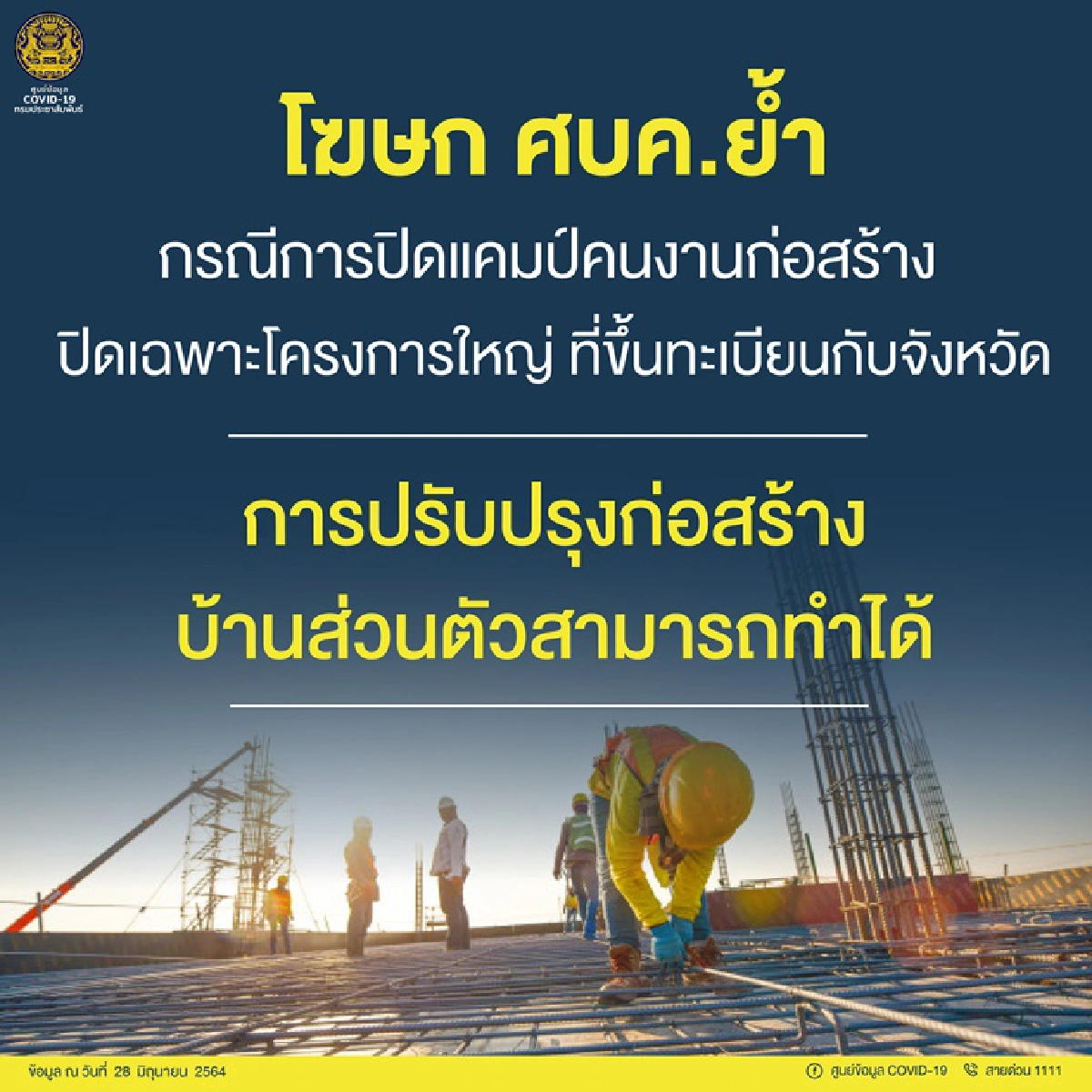 “หมอทวีศิลป์”แจงแคมป์คนงานก่อสร้างปิดเฉพาะโครงการใหญ่ สร้างบ้าน ซ่อมบ้านทำได้