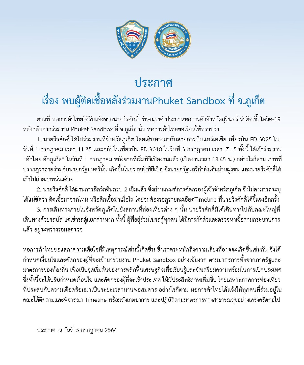 หอการค้าฯเสียใจหลังพบปธ.หอการค้าสุรินทร์ติดโควิดในงานภูเก็ตแซนด์บ็อกซ์ หอการค้าฯเสียใจหลังพบปธ.หอการค้าสุรินทร์ติดโควิดในงานภูเก็ตแซนด์บ็อกซ์