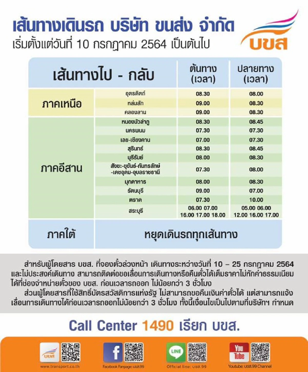 บขส. แจ้งหยุดเดินรถภาคใต้ทุกเส้นทาง เหนือ-อีสาน เหลือ 13 เส้นทาง เริ่ม 10 ก.ค.