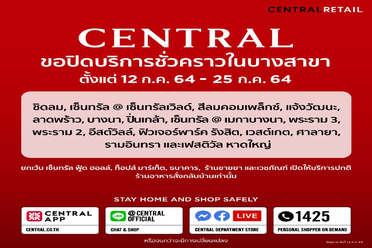 "เซ็นทรัล"แจ้งปิดชั่วคราวบางสาขา 12ก.ค.-25ก.ค.64 "เซ็นทรัล"แจ้งปิดชั่วคราวบางสาขา 12ก.ค.-25ก.ค.64