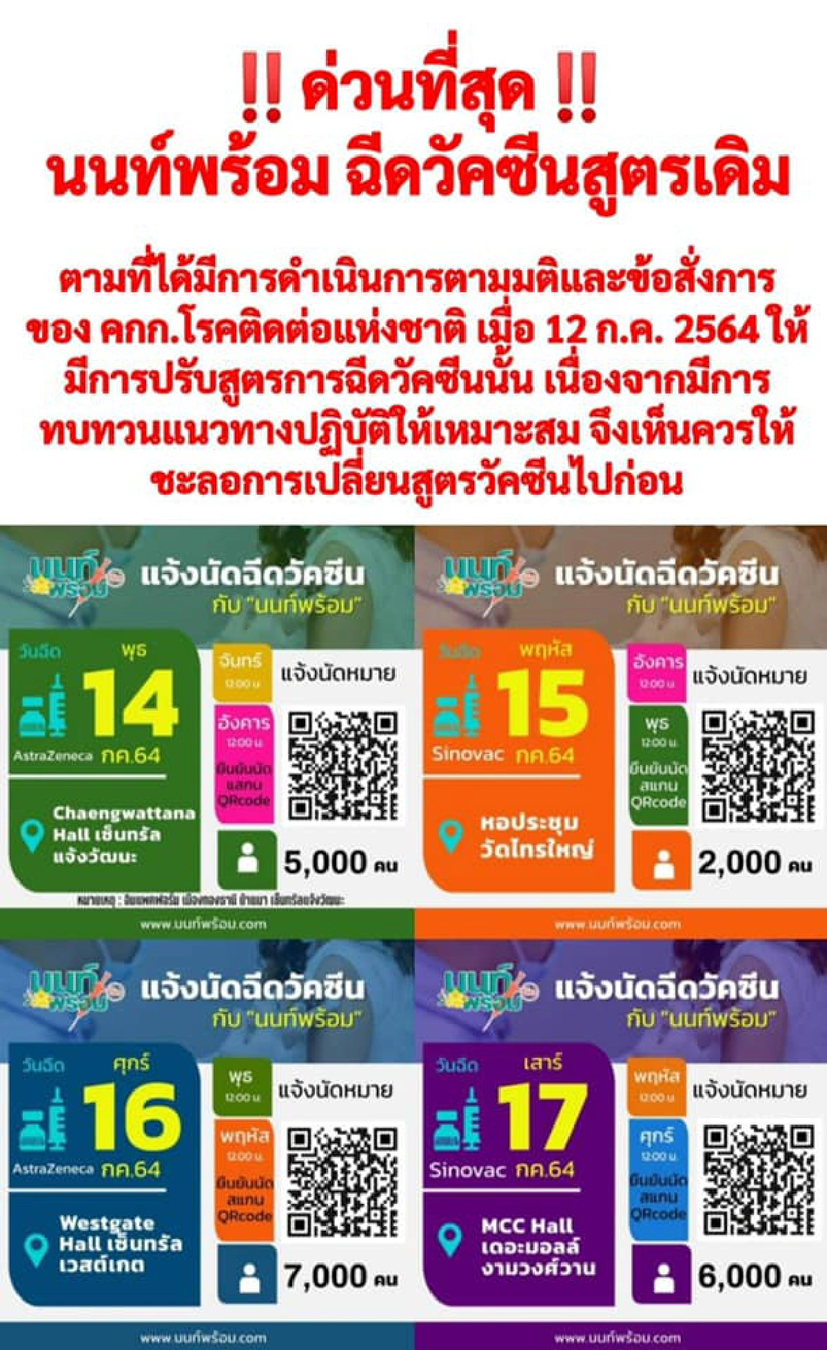 "นนทบุรี"ประกาศฉีดวัคซีนสูตรเดิม ชะลอเปลี่ยนสูตรไปก่อน