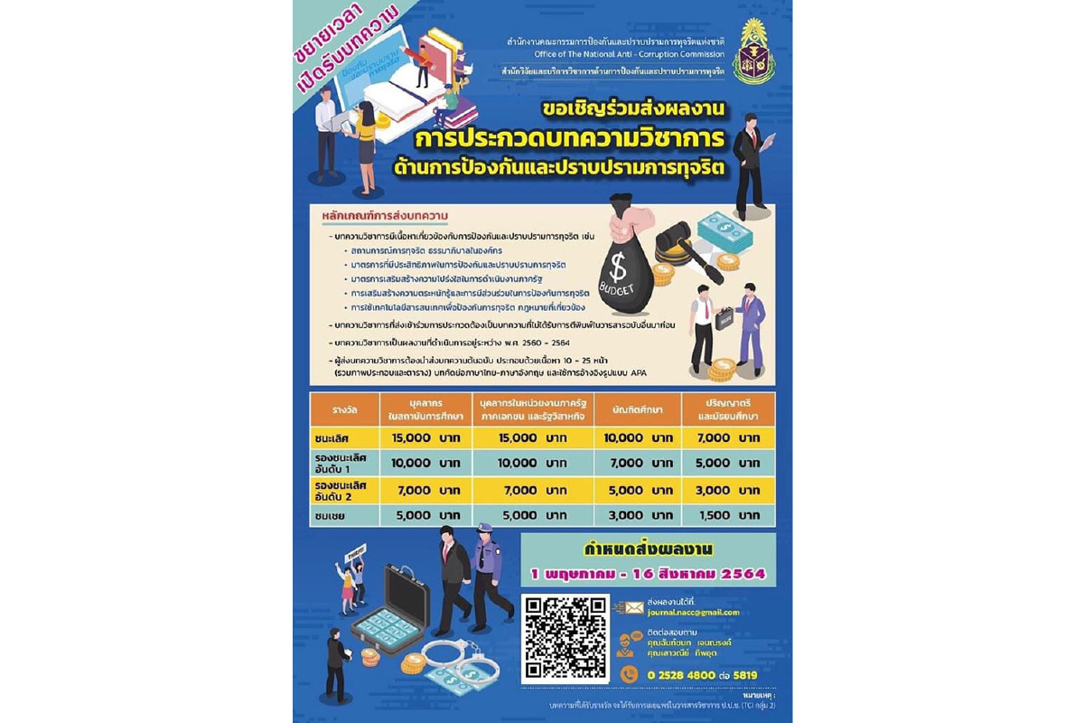 สำนักงาน ป.ป.ช. ขอขยายระยะเวลาการส่งผลงานประกวดบทความวิชาการด้านการป้องกันและปราบปรามการทุจริต สำนักงาน ป.ป.ช. ขอขยายระยะเวลาการส่งผลงานประกวดบทความวิชาการด้านการป้องกันและปราบปรามการทุจริต