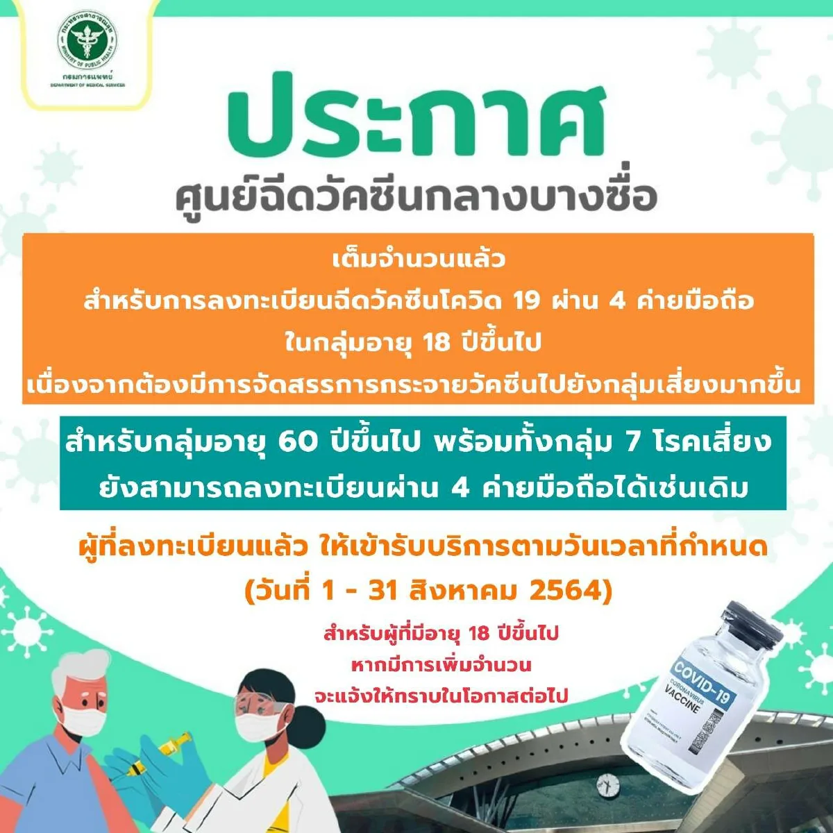 สธ.ประกาศวัคซีนโควต้าบุคคลอายุ18ปีขึ้นไปเต็มแล้ว