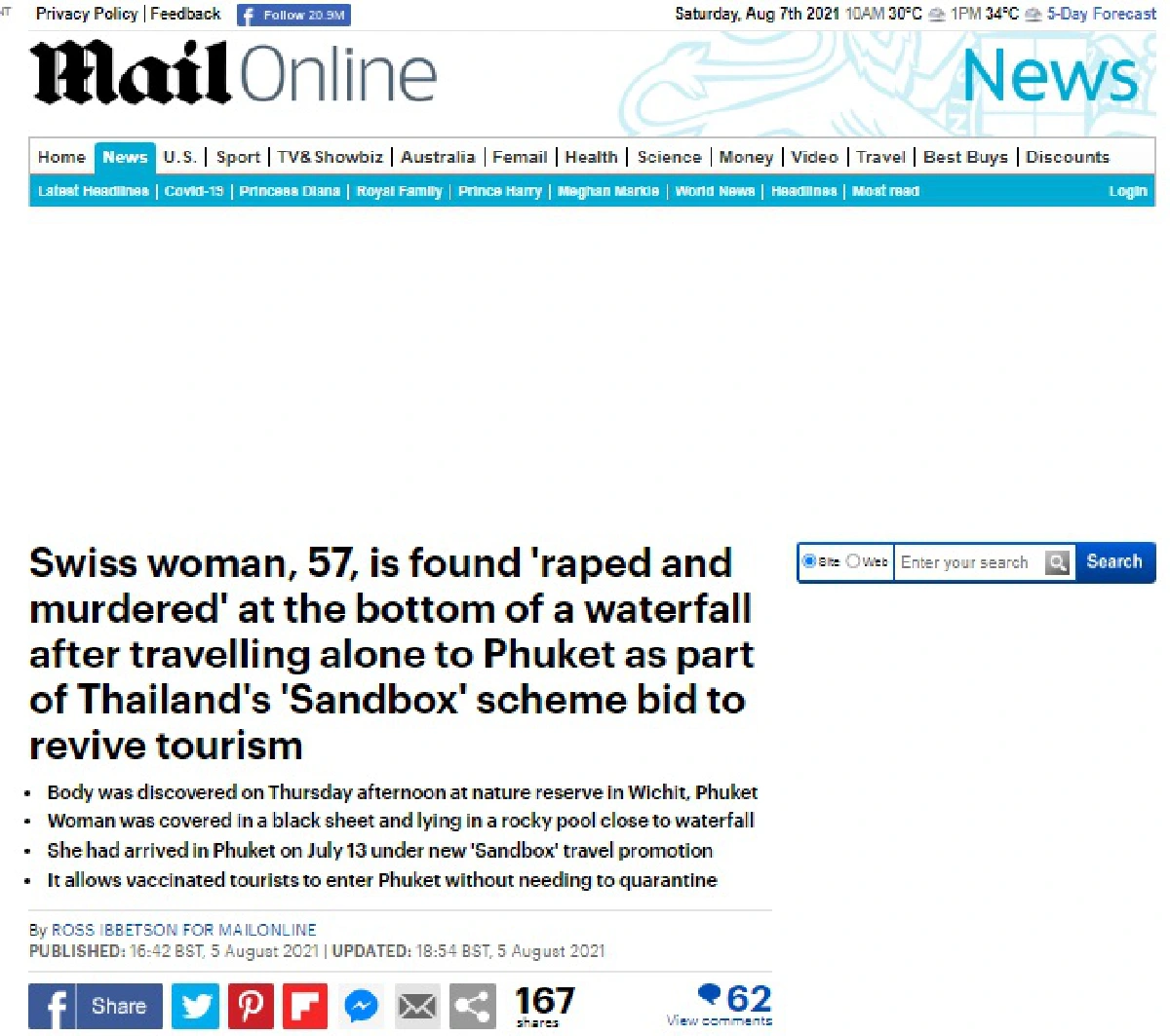 สื่อนอกตีข่าวนักท่องเที่ยวสวิสถูกฆาตกรรมที่ภูเก็ต