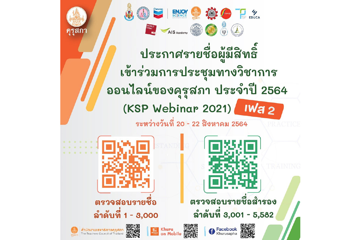 ประกาศรายชื่อผู้มีสิทธิ์เข้าร่วมการประชุมทางวิชาการออนไลน์ ของคุรุสภา ประจำปี 2564 (KSP Webinar 2021) เฟส 2 ประกาศรายชื่อผู้มีสิทธิ์เข้าร่วมการประชุมทางวิชาการออนไลน์ ของคุรุสภา ประจำปี 2564 (KSP Webinar 2021) เฟส 2