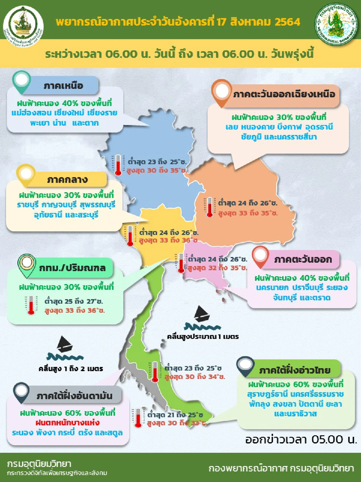 ทั่วไทยมีฝนฟ้าคะนอง30-60%ของพื้นที่ ภาคใต้มีฝนหนักบางแห่ง