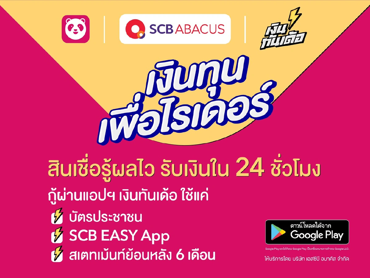 เอสซีบี อบาคัส จับมือ ฟู้ดแพนด้า สนับสนุนเงินทุนสินเชื่อเพื่อไรเดอร์ฟู้ดแพนด้า ฝ่าวิกฤติโควิด 19
