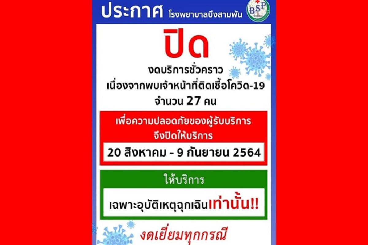 "เพชรบูรณ์"ป่วน! 27 จนท.ติดโควิด รพ.บึงสามพันงดให้บริการชั่วคราว "เพชรบูรณ์"ป่วน! 27 จนท.ติดโควิด รพ.บึงสามพันงดให้บริการชั่วคราว