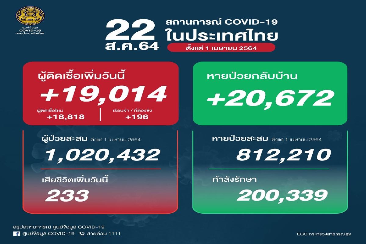 ไทยติดโควิดเพิ่ม 19,014 ราย เสียชีวิตพุ่ง233 ไทยติดโควิดเพิ่ม 19,014 ราย เสียชีวิตพุ่ง233