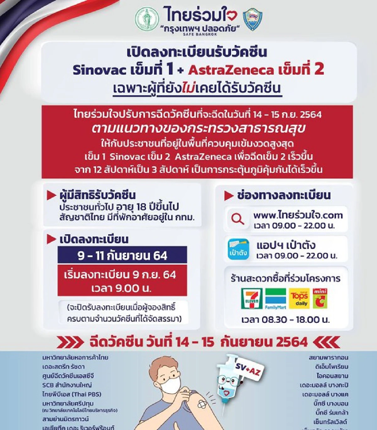 ไทยร่วมใจฯ แจ้งปรับสูตรฉีดวัคซีนสูตรไขว้ เปิดลงทะเบียน 9-11 ก.ย.