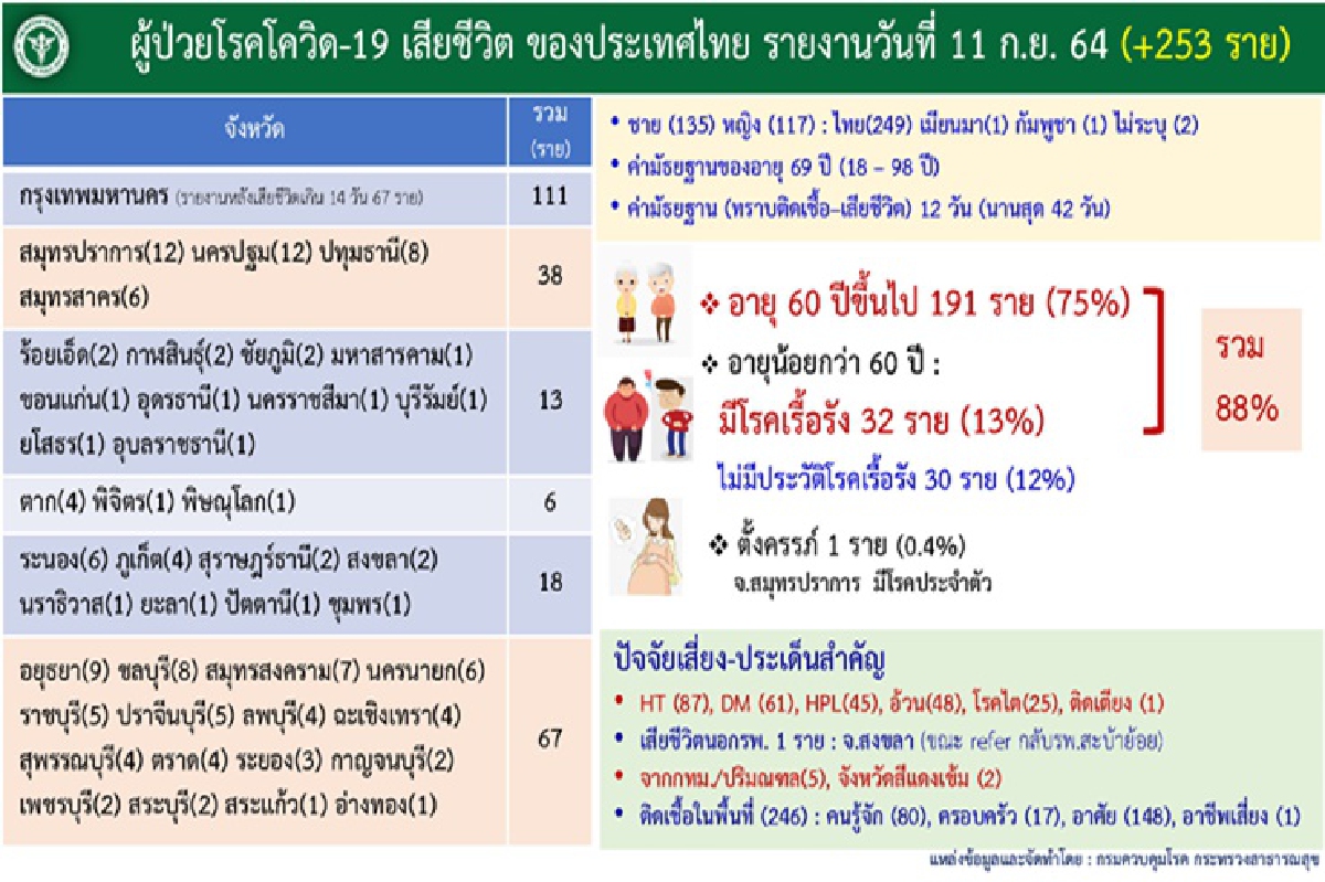 เปิดข้อมูล 253 เหยื่อโควิด พบเป็นคนแก่-โรคเรื้อรังถึง 223 ราย หญิงท้อง 1 คน เปิดข้อมูล 253 เหยื่อโควิด พบเป็นคนแก่-โรคเรื้อรังถึง 223 ราย หญิงท้อง 1 คน