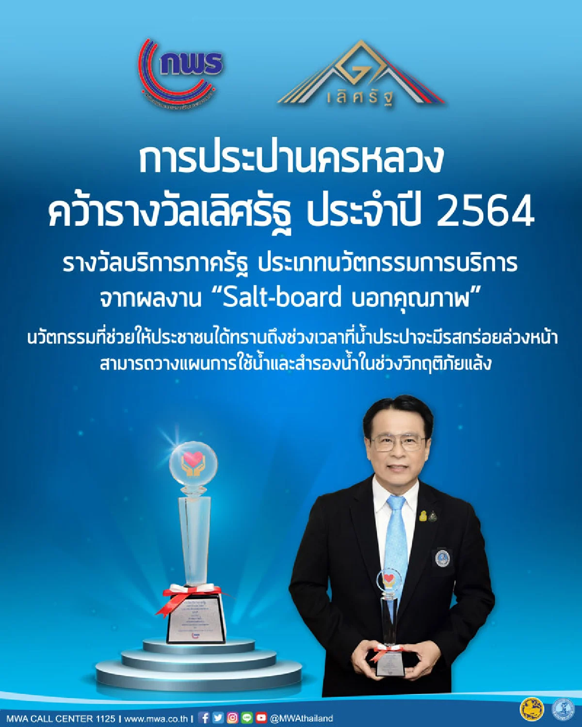 กปน. คว้ารางวัลเลิศรัฐประจำปี 2564 จากผลงาน “Salt-board บอกคุณภาพ” 