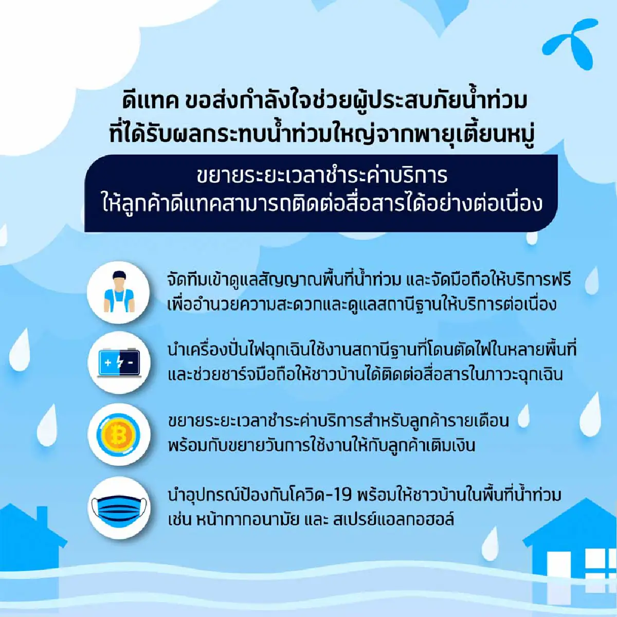 ดีแทคระดมกำลังนำเครื่องปั่นไฟฉุกเฉินใช้งานสถานีฐานพื้นที่ไฟฟ้าดับในหลายแห่ง ที่ได้รับผลกระทบจากน้ำท่วมใหญ่จากพายุเตี้ยนหมู่