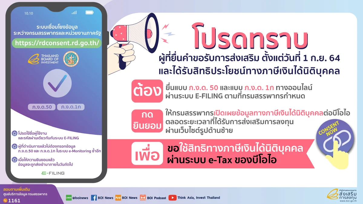 บีโอไอแจงนักลงทุนที่ได้รับสิทธิทางภาษีเงินได้นิติบุคคล ยินยอมเปิดเผยข้อมูลภาษีเงินได้ฯ จากกรมสรรพากร