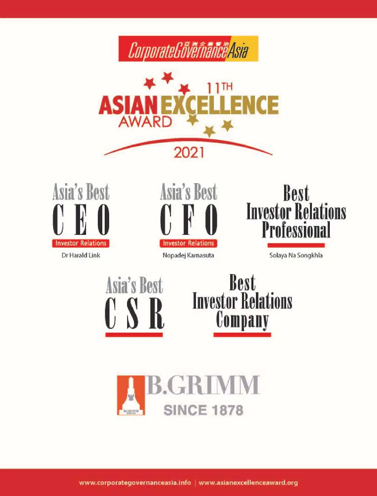 บี.กริม เพาเวอร์ ปลื้มคว้า 5 รางวัลเกียรติยศ Asian Excellence Awards 2021 ตอกย้ำความเป็นเลิศขององค์กร ด้านการลงทุน และธรรมาภิบาล ระดับชั้นนำของเอเชีย