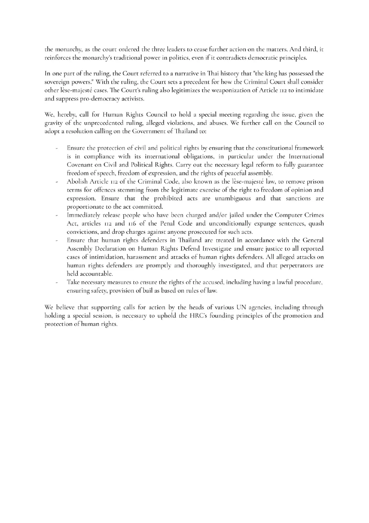 ม็อบ3นิ้วร้อง‘ยูเอ็น’เปิดประชุมฉุกเฉินปมสิทธิมนุษยชนในไทย วอนกดดันรัฐบาลยกเลิกม.112