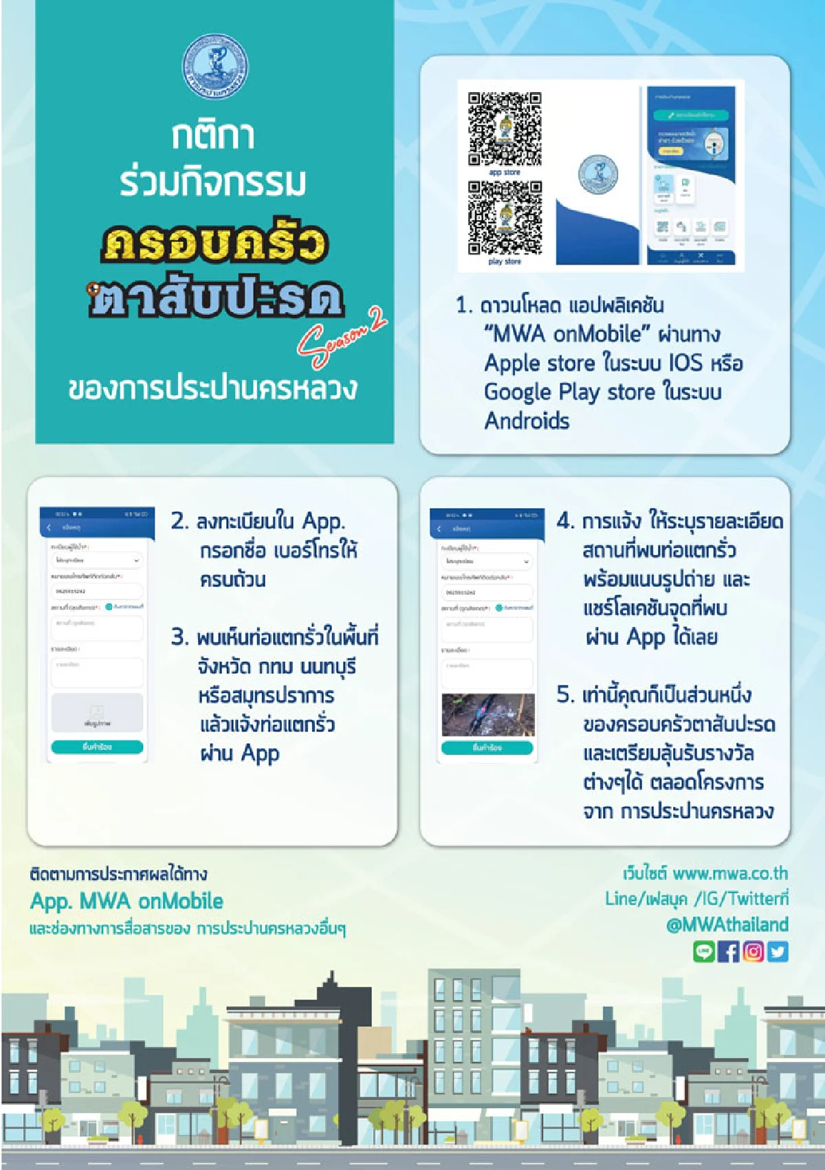 กปน. ชวนประชาชนเข้าร่วม โครงการ “ครอบครัวตาสับปะรด Season 2” ร่วมกันดูแลและแจ้งปัญหาท่อประปาแตกรั่ว ผ่านแอปพลิเคชัน MWA onMobile ลุ้นรางวัลกว่า 1 ล้านบาท