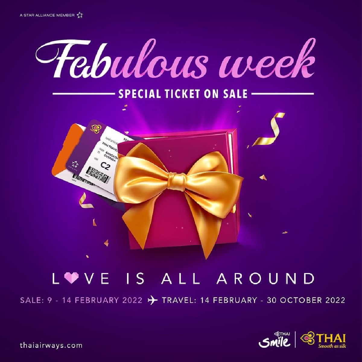 การบินไทยจัดโปรโมชั่น FEBulous Week ต้อนรับวาเลนไทน์ เดินทางเป็นคู่ลดสูงสุด 20% การบินไทยจัดโปรโมชั่น FEBulous Week ต้อนรับวาเลนไทน์ เดินทางเป็นคู่ลดสูงสุด 20%