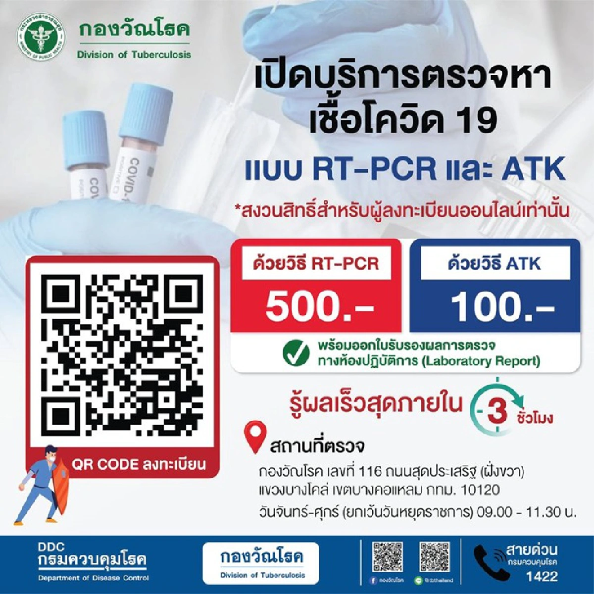 ตรวจ RT-PCR , ATK เริ่มต้นแค่100บาท "กองวัณโรค" รับเฉพาะจองคิวออนไลน์