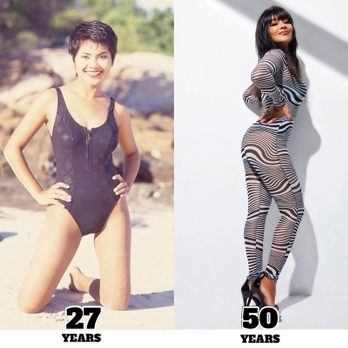 “ตั๊ก ศิริพร” อวดหุ่นปังวัย 50 ปี กับแฟชั่นชุดรัดรูปลายม้าลาย