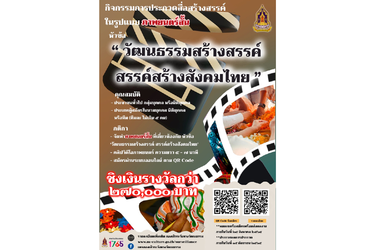 วธ.ชวนเด็ก-เยาวชน และบุคคลทั่วไปเปิดเวทีผลิตภาพยนตร์สั้น ประกวดสื่อสร้างสรรค์ หัวข้อ “วัฒนธรรมสร้างสรรค์ สรรค์สร้างสังคมไทย” วธ.ชวนเด็ก-เยาวชน และบุคคลทั่วไปเปิดเวทีผลิตภาพยนตร์สั้น ประกวดสื่อสร้างสรรค์ หัวข้อ “วัฒนธรรมสร้างสรรค์ สรรค์สร้างสังคมไทย”