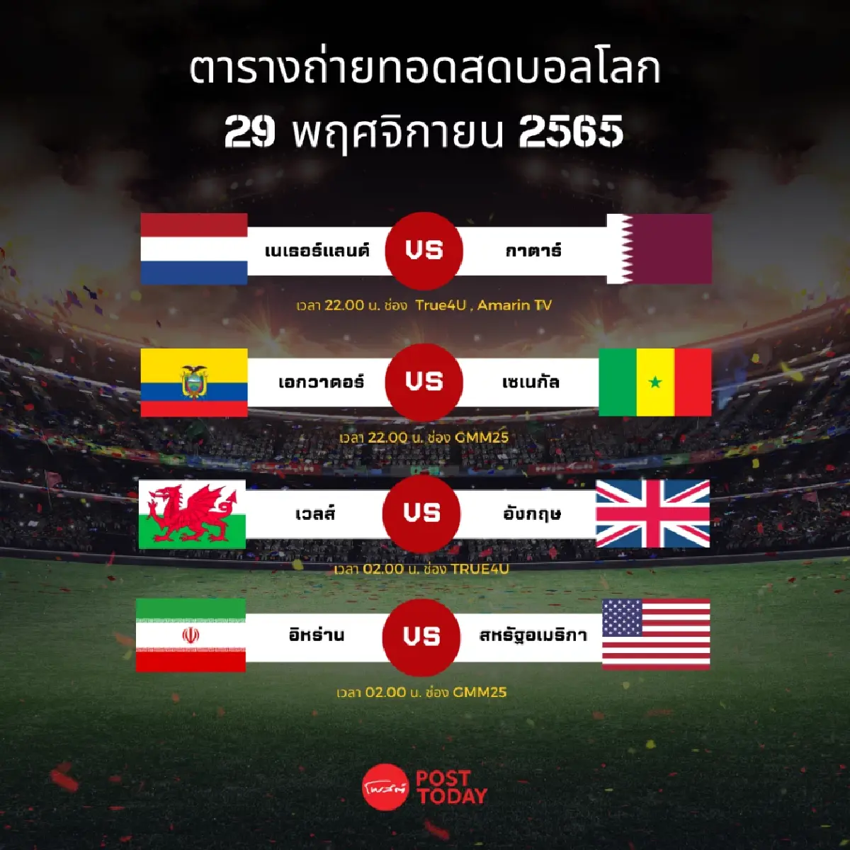 โปรแกรมถ่ายทอดสอดฟุตบอลโลก 29 พฤศจิกายน 2565