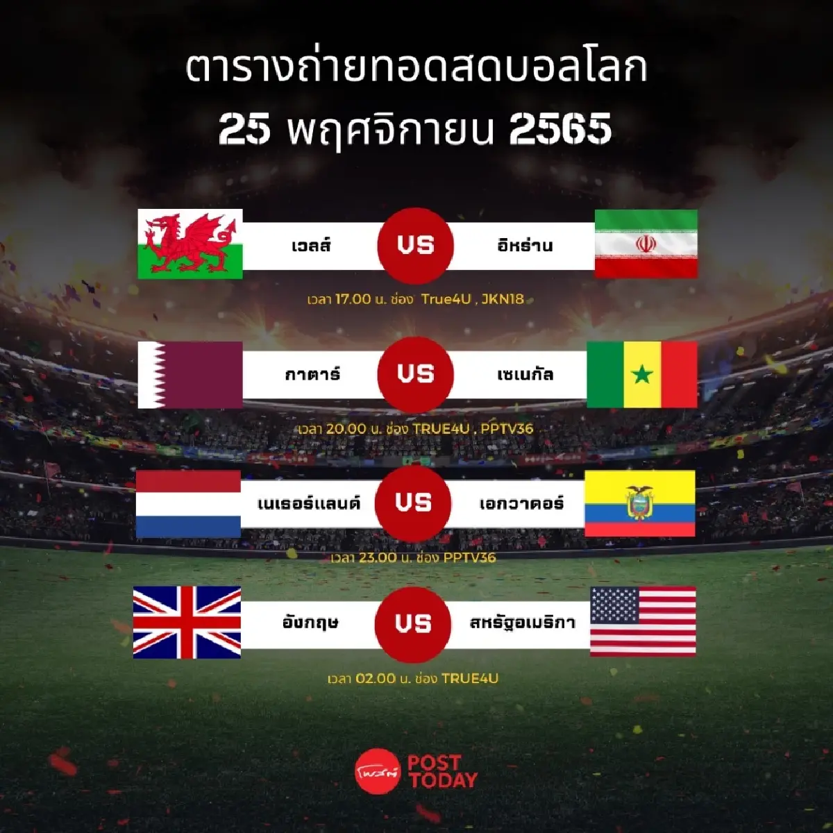 โปรแกรมถ่ายทอดสอดฟุตบอลโลก 25 พฤศจิกายน 2565