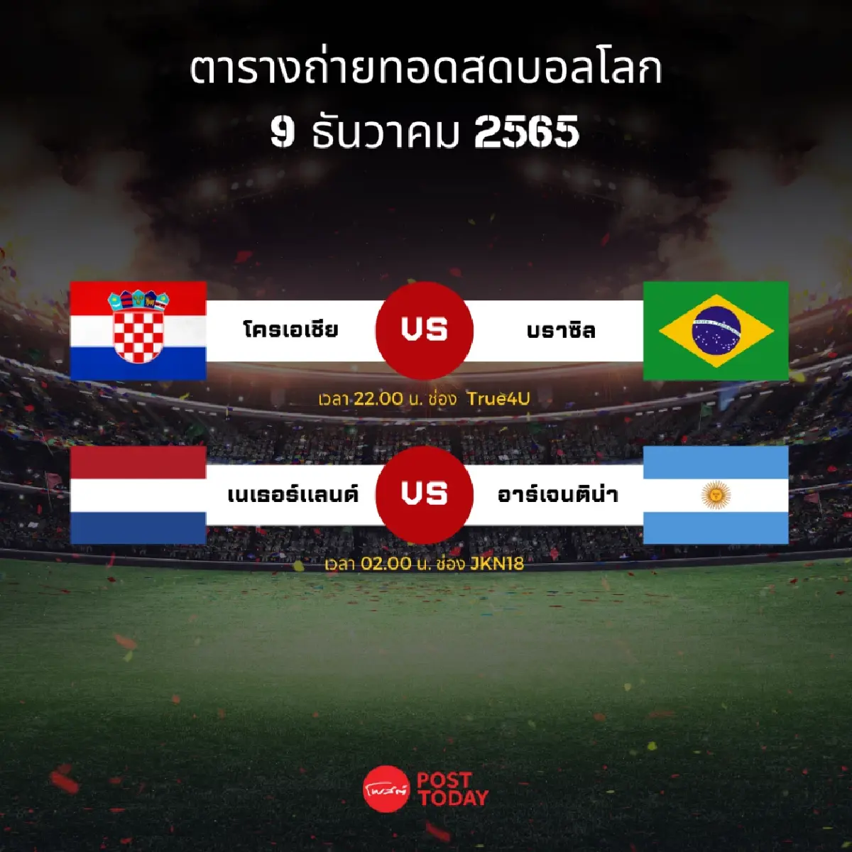 โปรแกรมถ่ายทอดสดฟุตบอลโลก 2022 รอบ 8 ทีม 9 ธันวาคม 2565