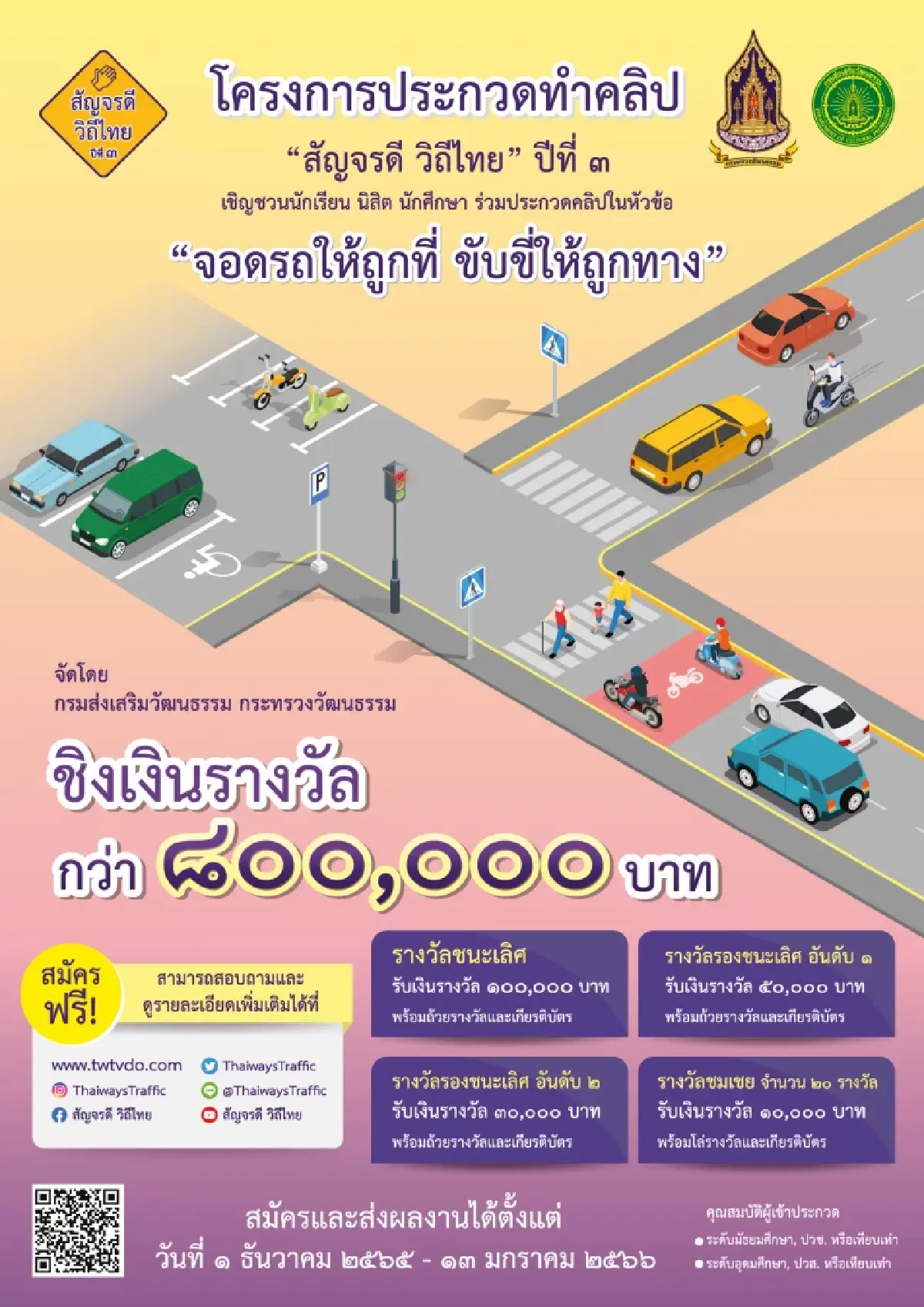 กรมส่งเสริมวัฒนธรรมจัดประกวดคลิป “จอดรถให้ถูกที่ ขับขี่ให้ถูกทาง”