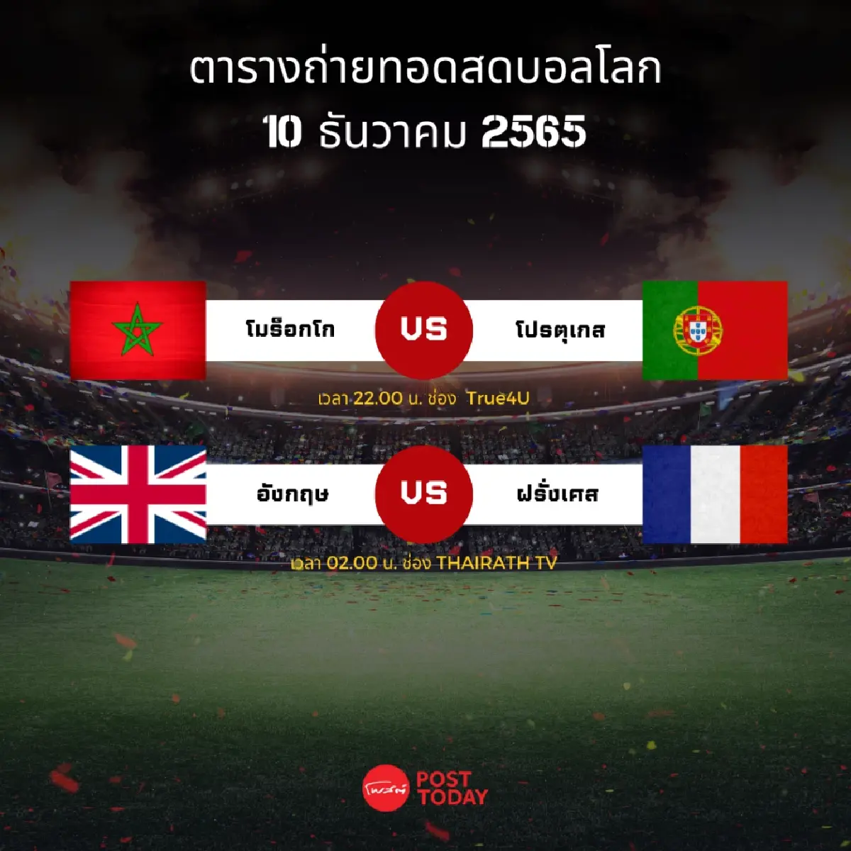 โปรแกรมถ่ายทอดสดฟุตบอลโลก 2022 รอบ 8 ทีม 10 ธันวาคม 2565