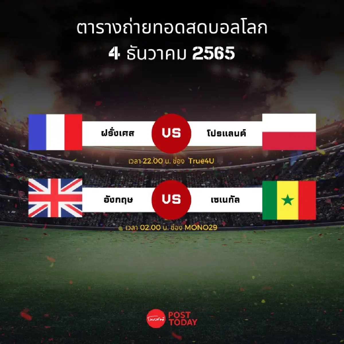 โปรแกรมถ่ายทอดสอดฟุตบอลโลก เสาร์ที่ 4 ธ.ค. 2565