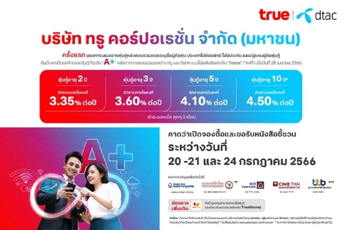ทรู คอร์ปอเรชั่น เล็งเสนอขายหุ้นกู้ จ่ายดอกเบี้ย 3.35–4.5% ต่อปี