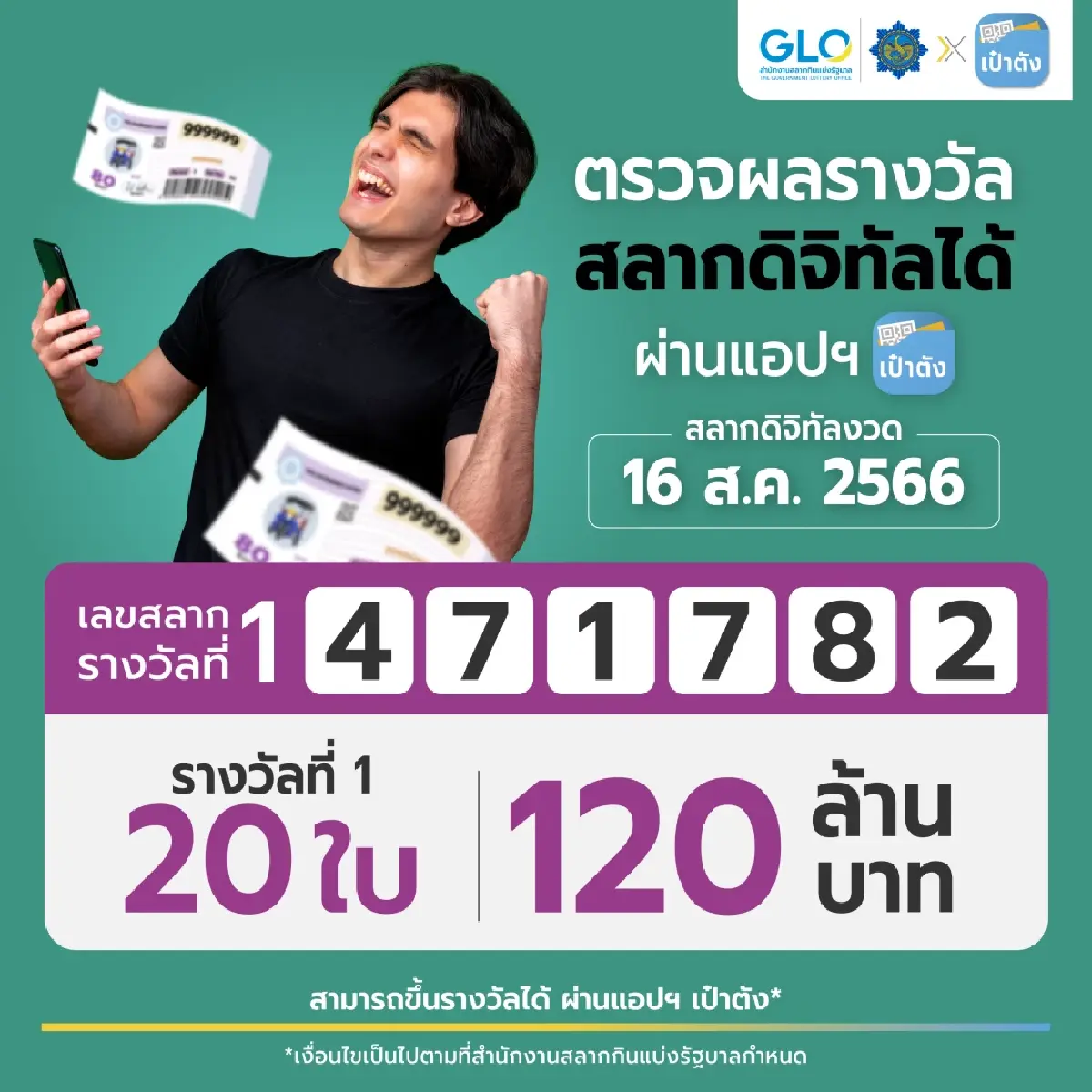 รับโชคจากสลากดิจิทัลกวาดรางวัลที่ 1 รวม 20 ใบมูลค่าถึง 120 ล้านบาท