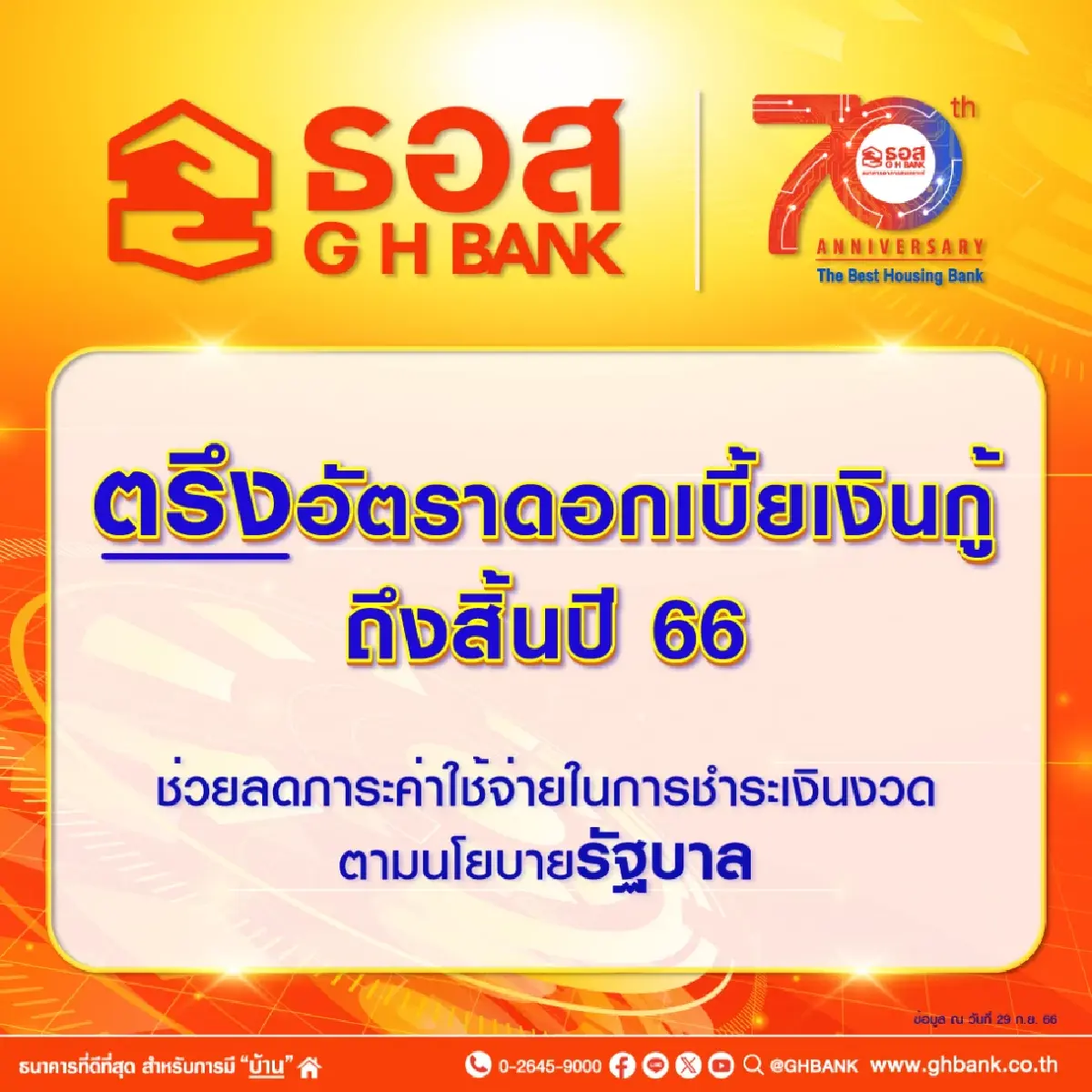 ธอส. ตรึงอัตราดอกเบี้ยเงินกู้ ถึงสิ้นปี 2566
