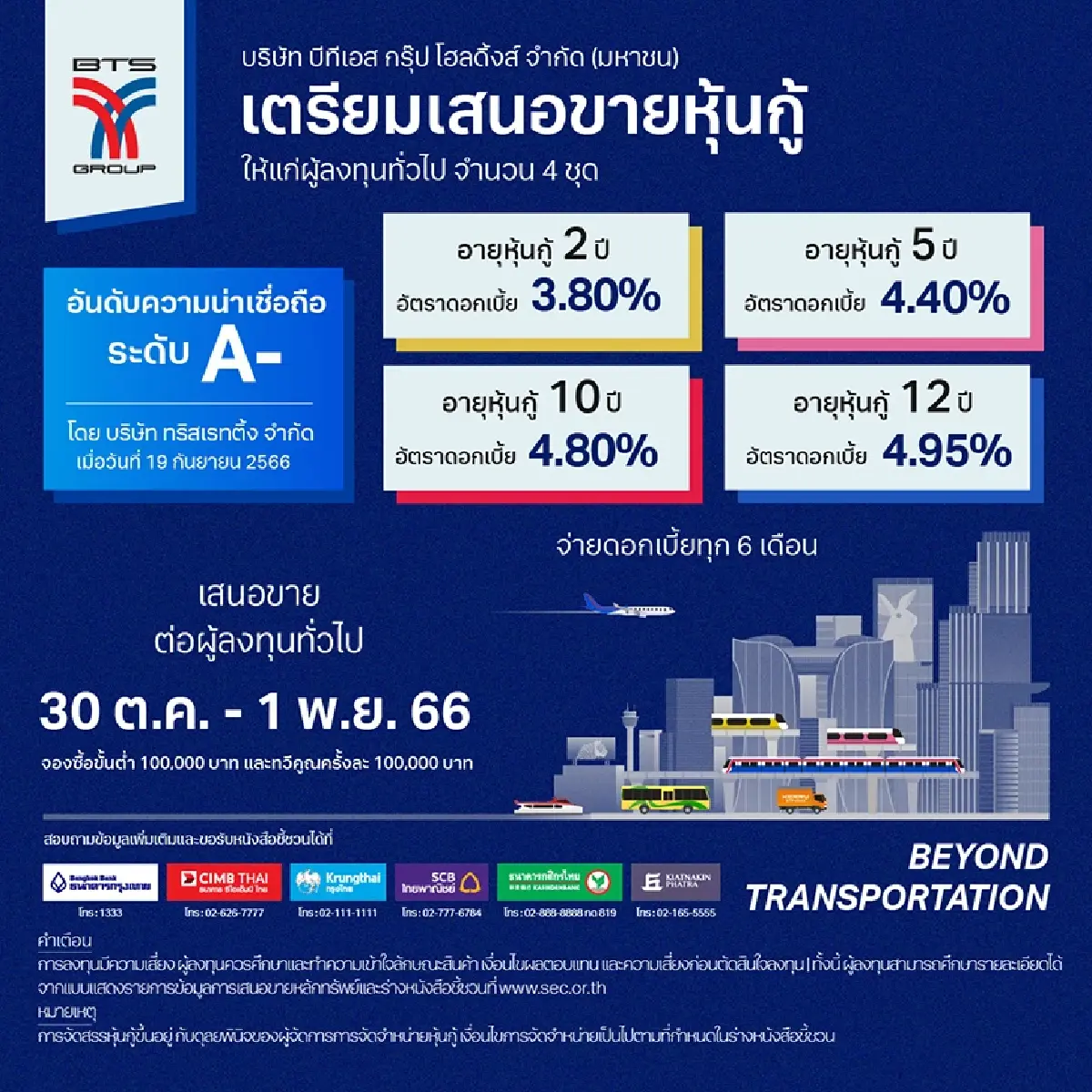 BTS ออกหุ้นกู้ 4 รุ่น ดอกเบี้ยสูงสุด 4.95% ขายผู้ลงทุนทั่วไป 30 ต.ค.-1 พ.ย.นี้