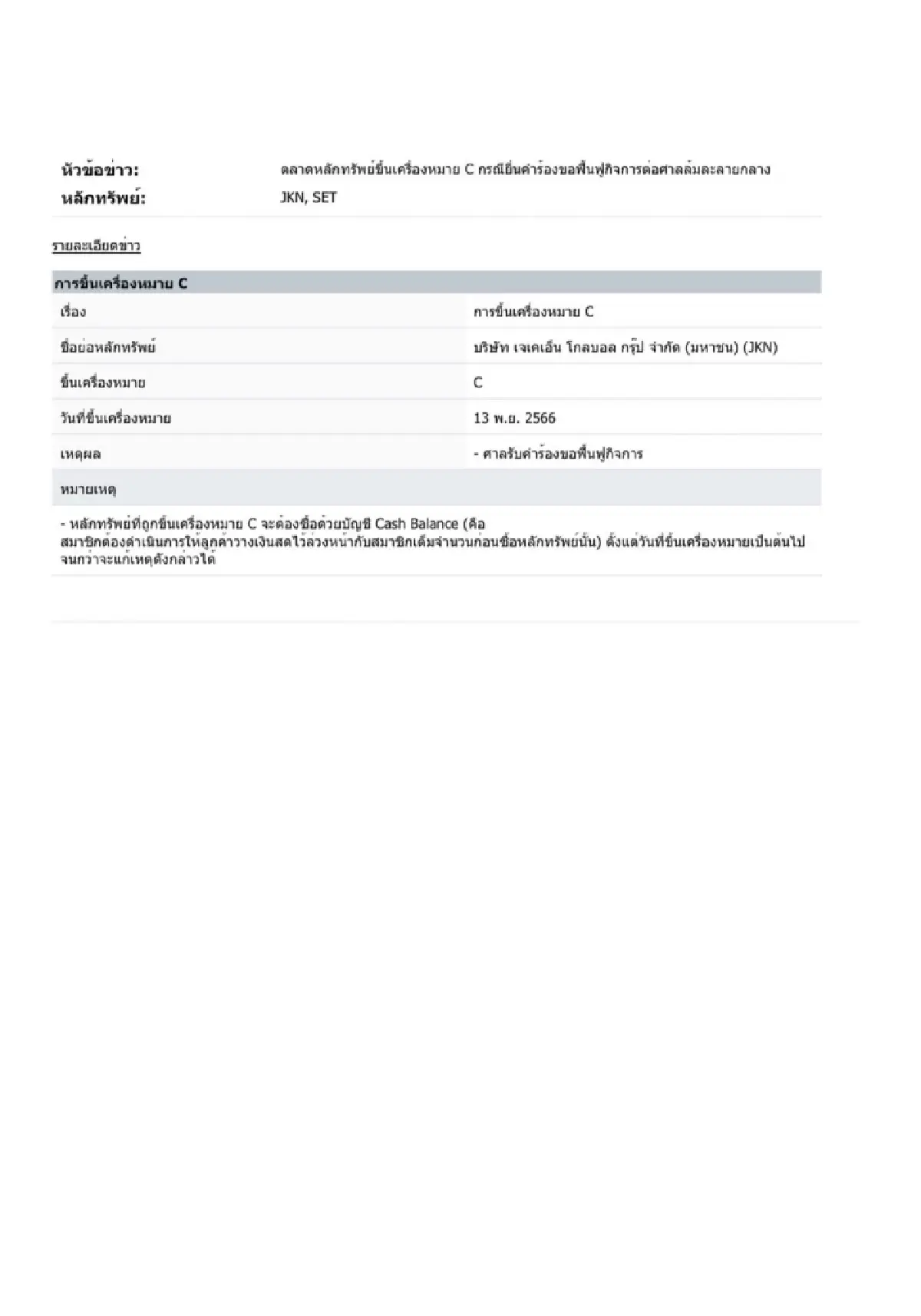 ฟลอร์ 2! JKN ร่วง 28.95% ตลท. แขวน “C” มีผล 13 พ.ย.นี้ เหตุศาลรับคำร้องขอฟื้นฟู