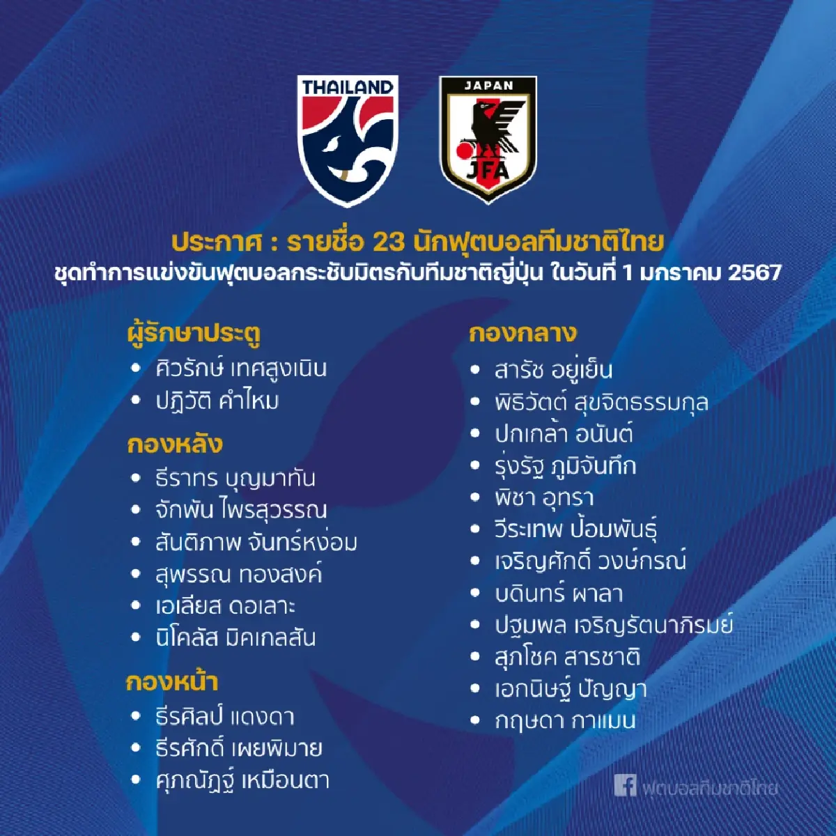 เปิดรายชื่อ 23 แข้ง ทีมชาติไทย นัดอุ่นเครื่อง ญี่ปุ่น 1 ม.ค.67