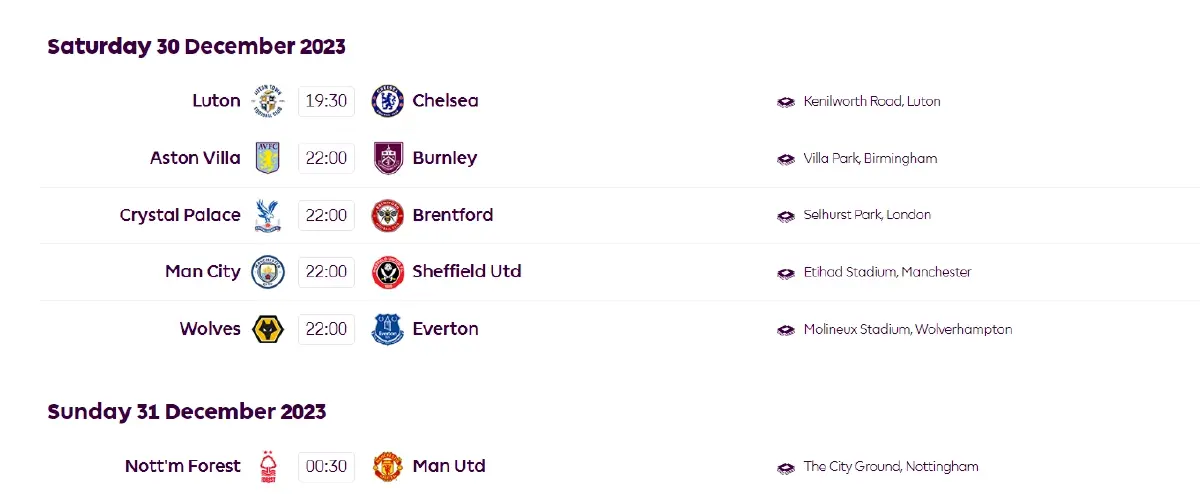 โปรแกรมฟุตบอลพรีเมียร์ลีกส่งท้ายปลายปี 66