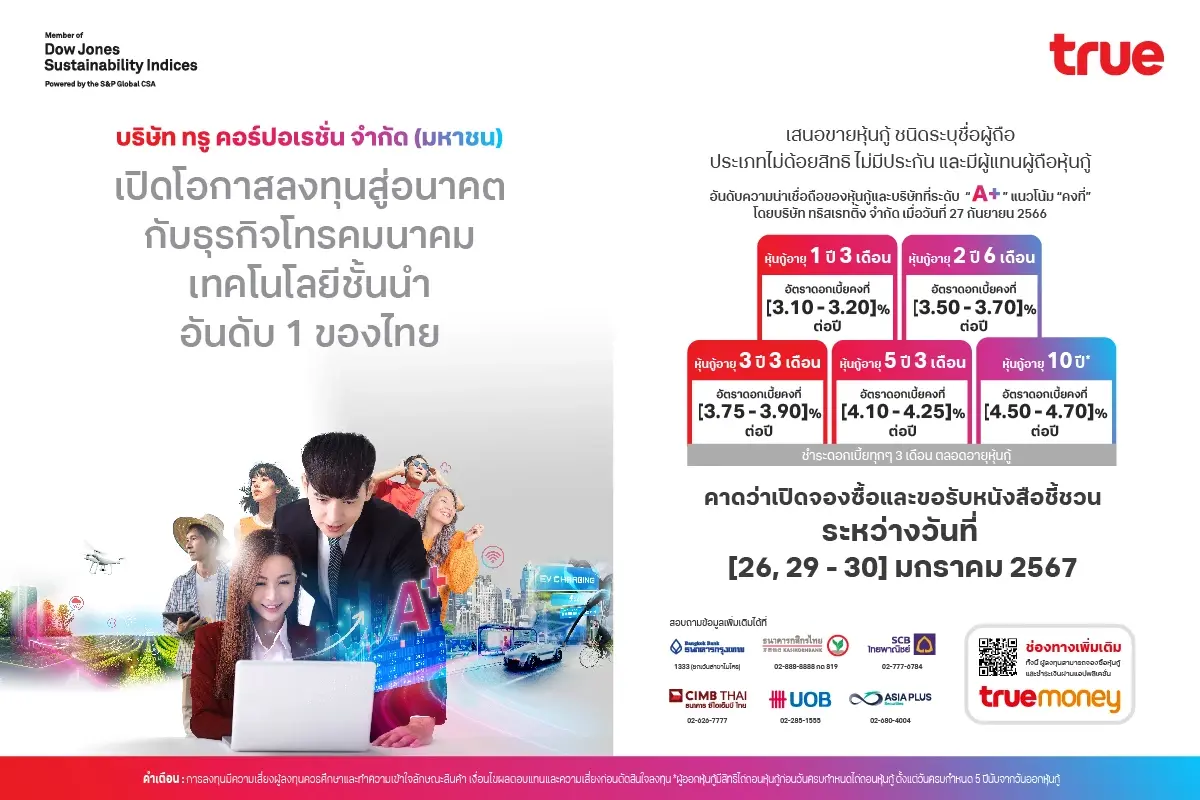 TRUE จ่อออกหุ้นกู้ 5 ชุด ชูดอกเบี้ย 3.10-4.70% ขายให้แก่ผู้ลงทุนทั่วไป