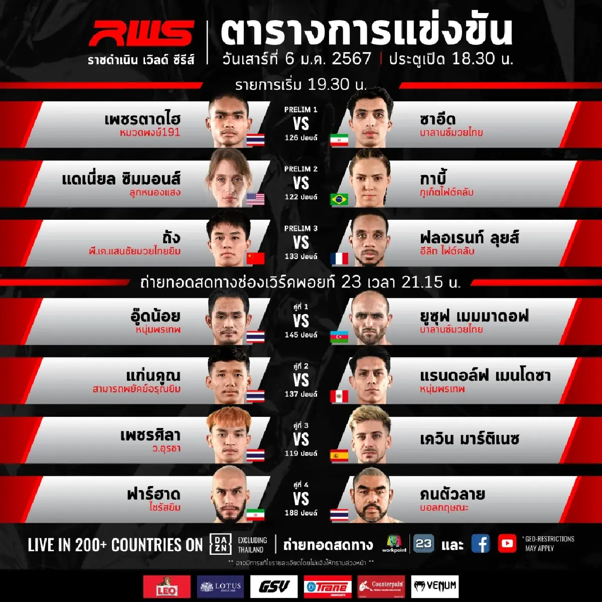 LIVE : ถ่ายทอดสด มวยไทย RWS ราชดำเนิน เวิลด์ ซีรี่ส์ วันเสาร์ที่ 6 ม.ค. 67